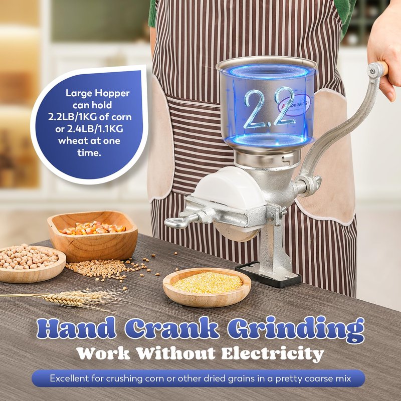 Moongiantgo Corn Grinder Mill Cast Iron Manual Grain Mill Hand Grinder with Large Hopper for Corn Barley Wheat Berries Coffee Chickpeas Poppy Seeds Pepper Dried Beans Animals Feed Home Brewing
