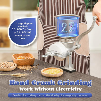 Moongiantgo Corn Grinder Mill Cast Iron Manual Grain Mill Hand Grinder with Large Hopper for Corn Barley Wheat Berries Coffee Chickpeas Poppy Seeds Pepper Dried Beans Animals Feed Home Brewing