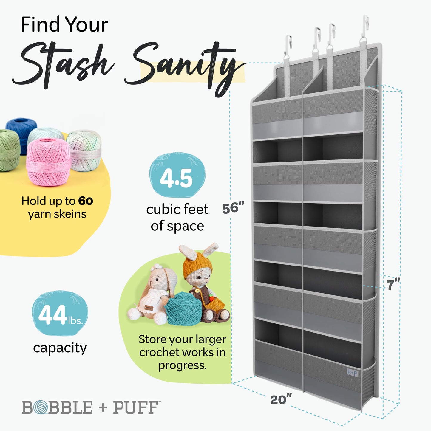 BOBBLE + PUFF Over Door Yarn Storage Organizer with 8 Large Compartments & 10 Mesh Side Pockets for Crochet Accessories & Knitting Supplies, Closet Organization & Home Improvement, 44lbs Weight Limit