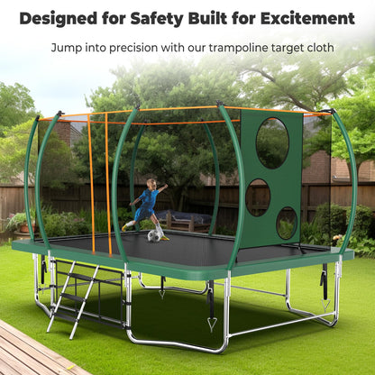 Lyromix 14FT Outdoor Rectangle Trampoline for Kids and Adults, Rectangular Trampoline with Curved Poles, Pumpkin Trampolin with Light, Sprinkler, Soccer and Storage Bag