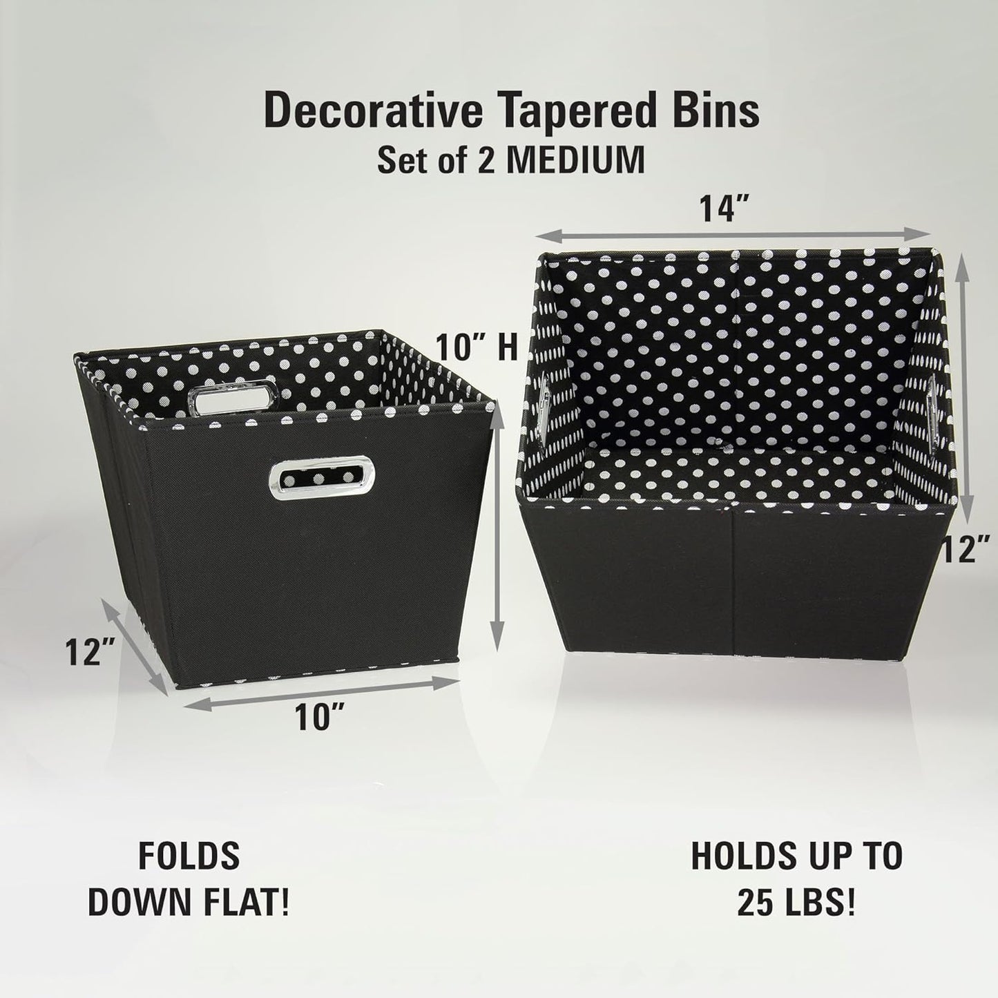 19KDBLK-1 2 Pack Set Household Essentials Medium Tapered Decorative Storage Bins | Cubby Baskets | Black and White