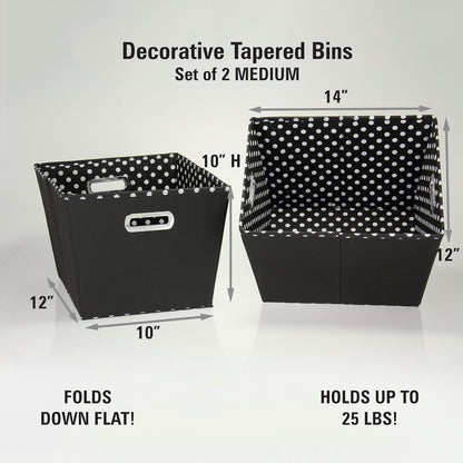 19KDBLK-1 2 Pack Set Household Essentials Medium Tapered Decorative Storage Bins | Cubby Baskets | Black and White