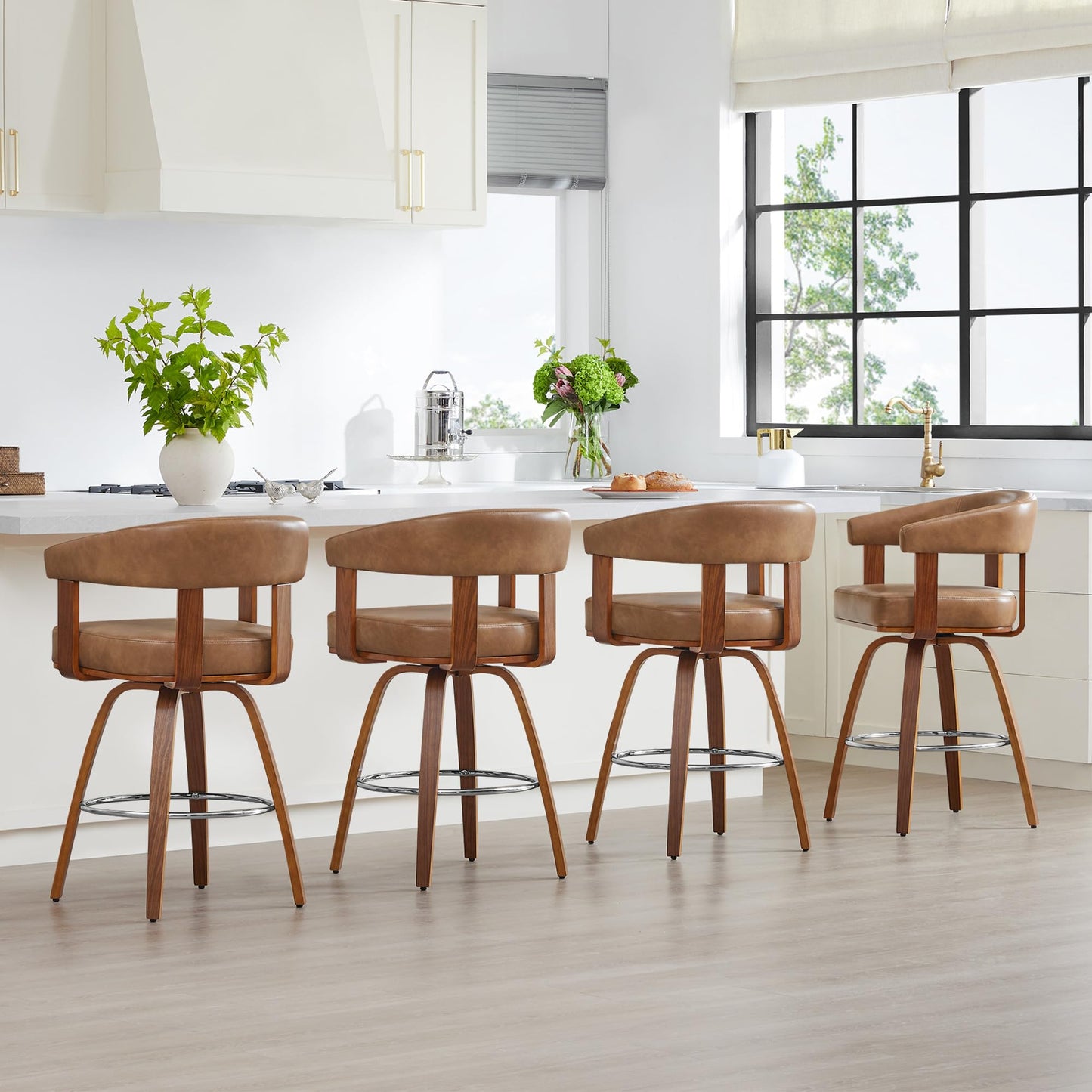CHITA Swivel Counter Height Barstools Set of 2, FSC Certified Faux Leather Upholstered Bar Stools with Back and Armrest for Kitchen Island Home Bar, 27" Seat Height, Camel with Walnut Frame