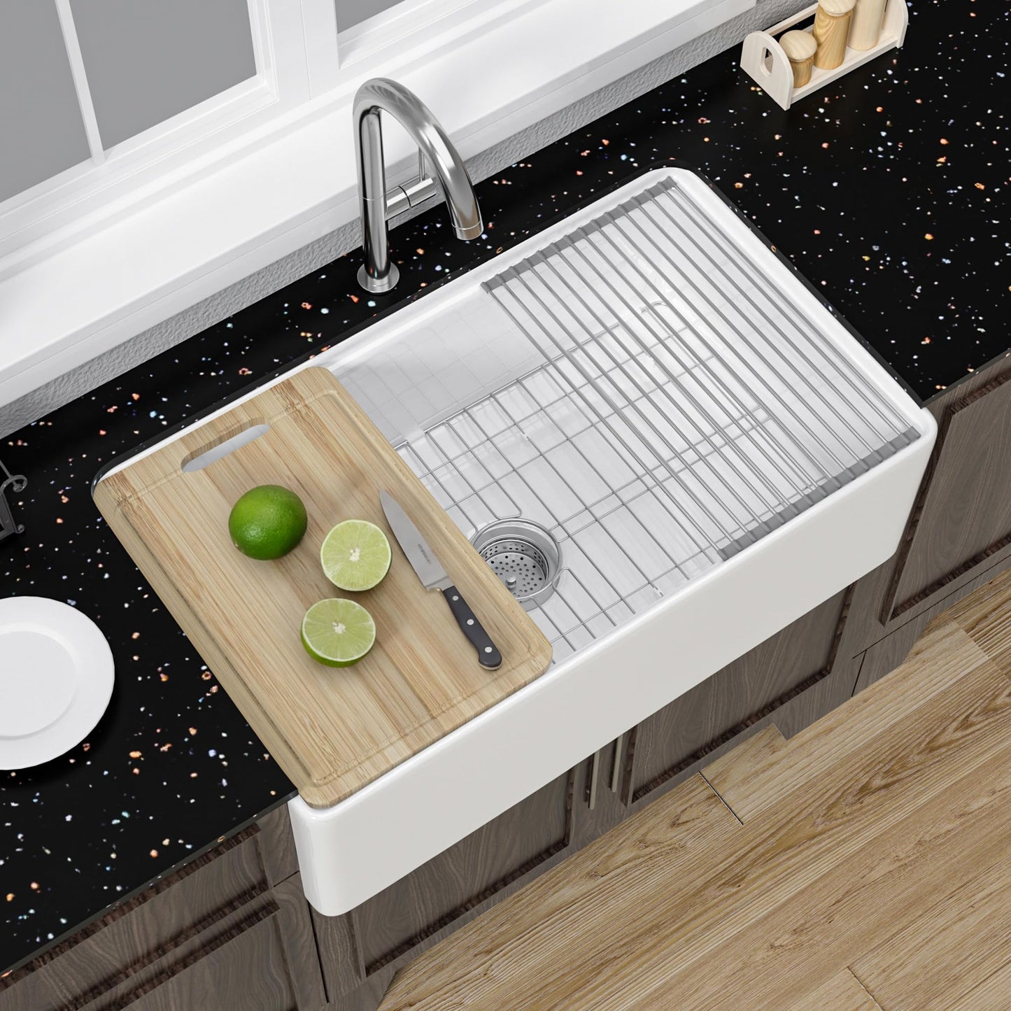 Miuara White Farmhouse Workstation Sink 31 Inch - Fireclay Apron Front Kitchen Sink Reversible 31"x18"x10", Farm House Style, Heavy Duty Deep Single Bowl, Undermount Installation, for Kitchen