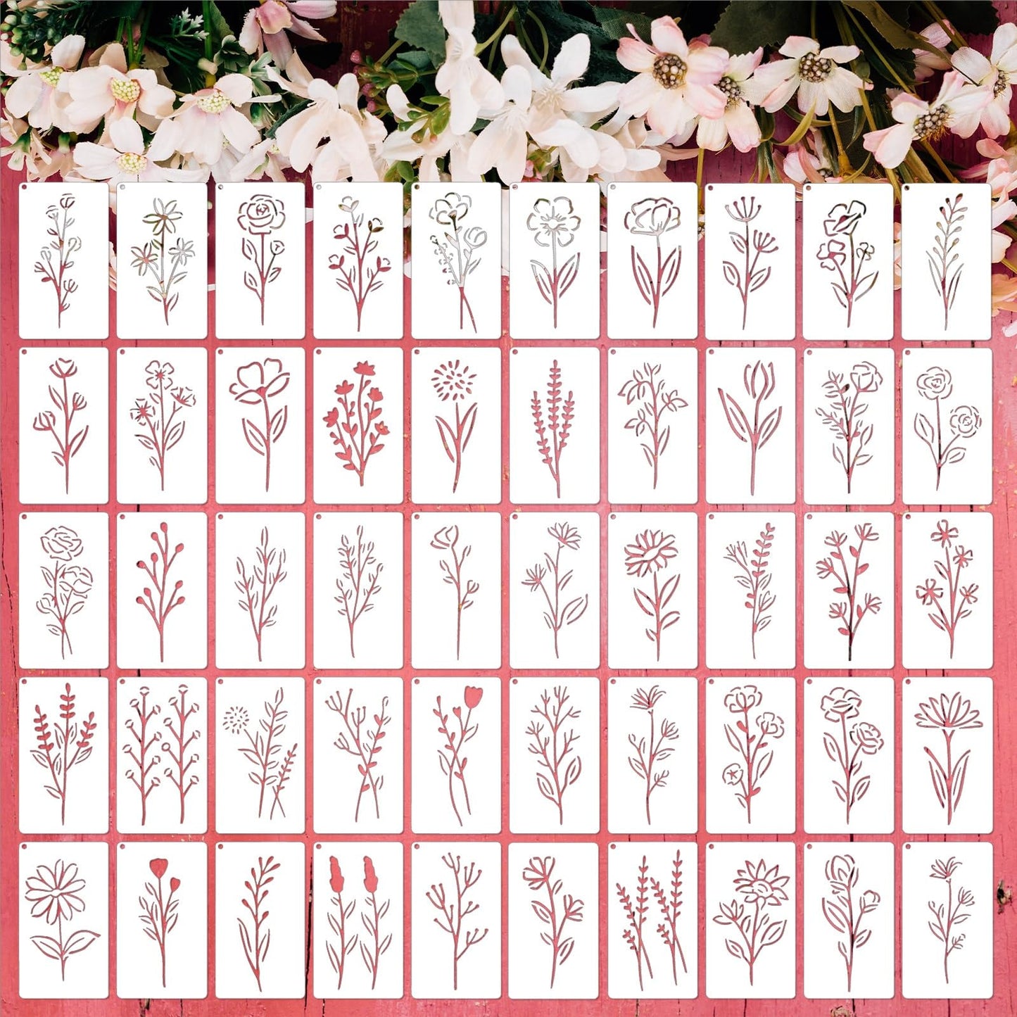 50PCS Flower Stencils for Painting, Small Botanical Stencils for Crafts Reusable, Plastic Drawing Templates for Painting on Wood, Wall, Card, Scrapbooking