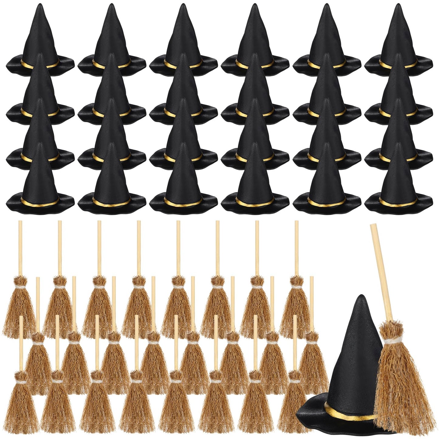 WinnerWhy 48 Pcs Mini Witch Hats and Broom for Crafts Halloween Wizard Accessories for Party Favors Decor (Black,1.5 Inches)
