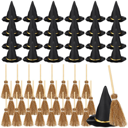 WinnerWhy 48 Pcs Mini Witch Hats and Broom for Crafts Halloween Wizard Accessories for Party Favors Decor (Black,1.5 Inches)