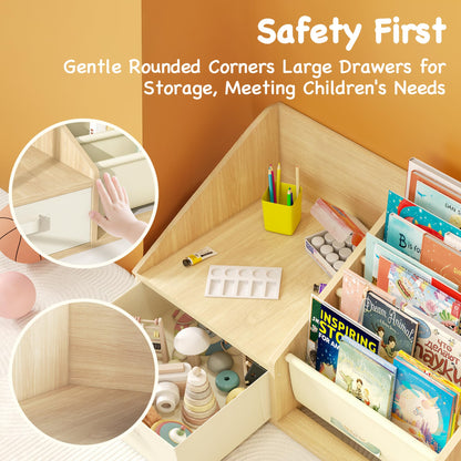 FKWin Kids Bookshelf with Seat - Forward-Facing Book Shelf for Kids Rooms, Nursery Bookcase with 5-Tier Montessori Shelf, Wooden
