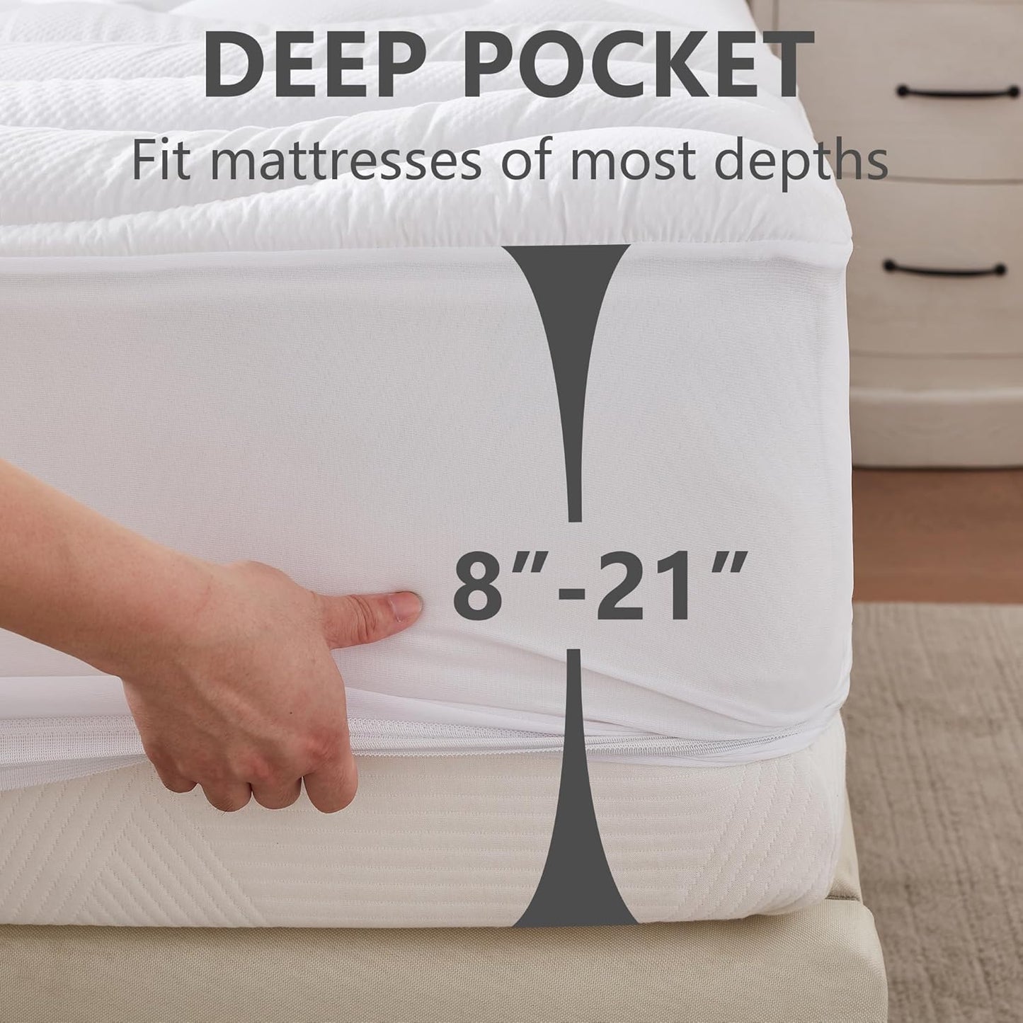 Queen Mattress Protector Waterproof, Hotel Quality Cooling Quilted Fitted Pad Topper with Deep Pocket 8-21”, White