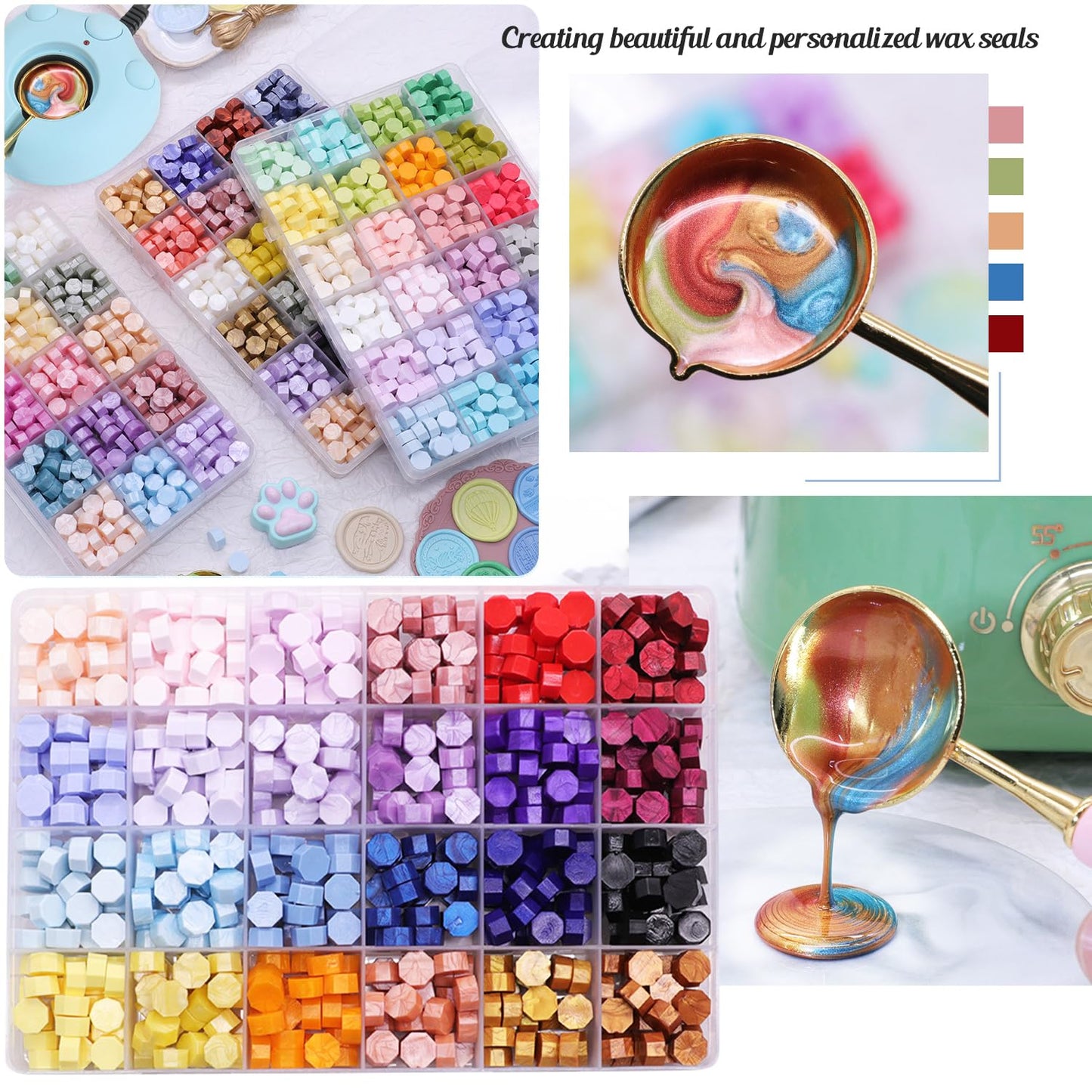 Wax Seal Kit - 24 Color Wax Beads (600pcs), Love Heart Stamps, Electric Warmer, Metallic Pen, Envelopes Sealing Kit for Wedding Invitations