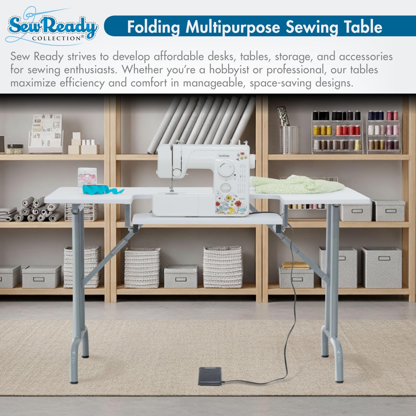 Studio Designs Folding Multipurpose Sewing & Craft Table w/ Machine Shelf, White