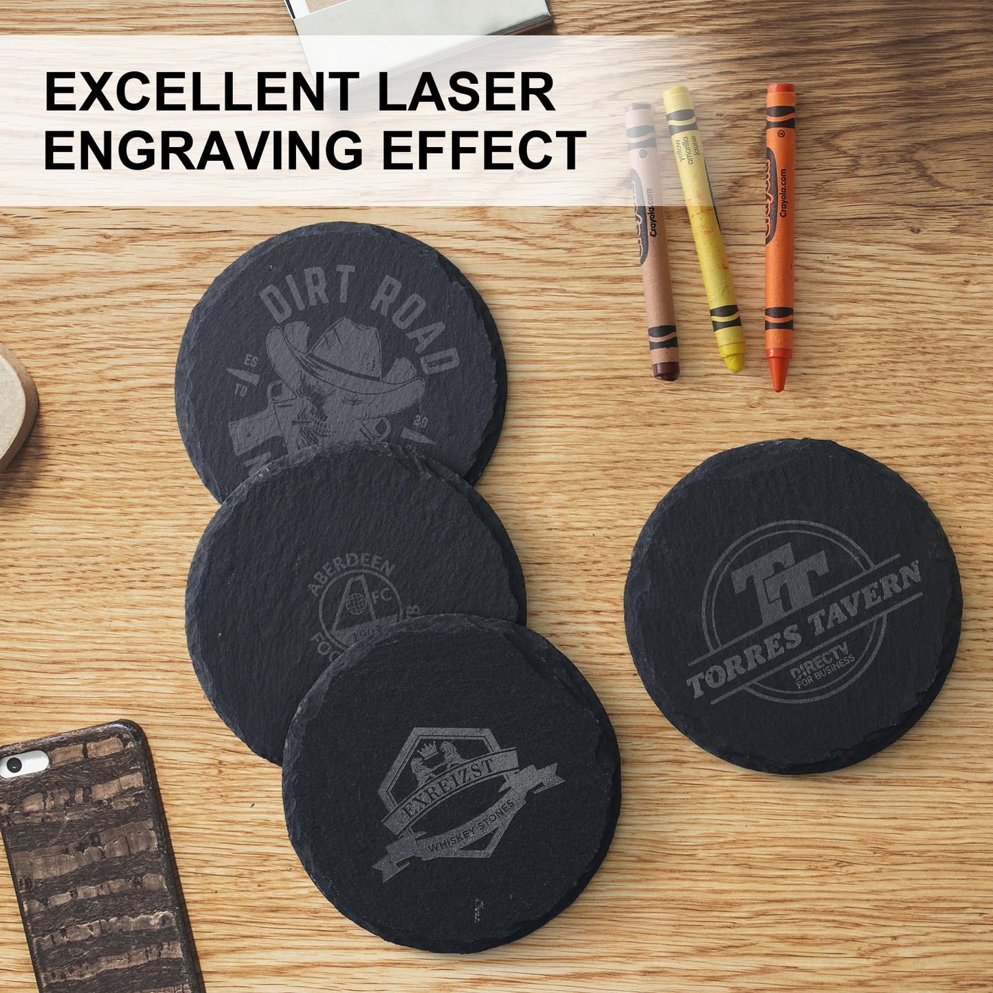 24 PCS Slate Coasters Set, 4 Inch Black Round Stone Drink Coasters Bulk, Laser Engraving Blanks with Anti-Scratch Bottom for Coffee Bar Home Kitchen Decor, Ideal Housewarming Wedding Gifts