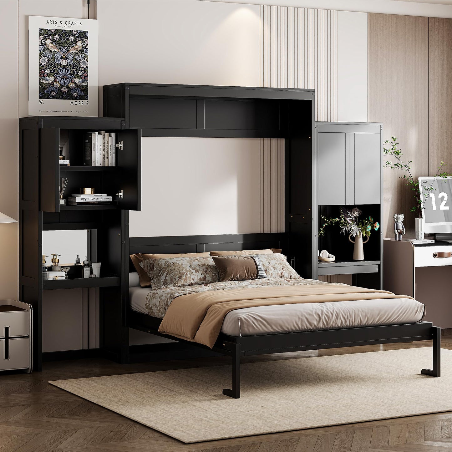 Ball & Cast Murphy Bed Queen Size,Wood Storage Hide Cabinet Wall Beds with Desk and Vanity,Space-Saving Bedroom Furniture w/Cabinets & Mirror,can be Folded for Home Office,Study,Guest Room,Espresso