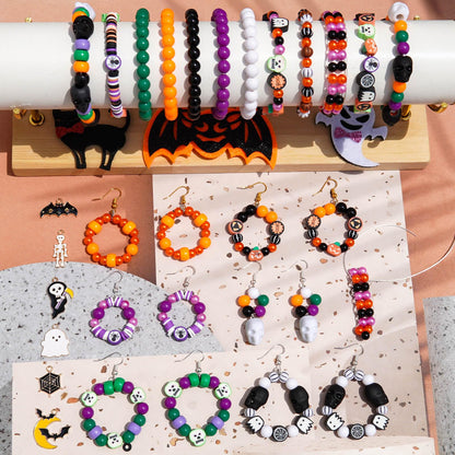 2100+PCS Halloween Beads Kit for Jewelry Making, Spooky DIY Crafts with Clay Charms Acrylic Rounds Pearls Pumpkin Skull Beads Ghost Witch Hat Bat Charms DIY Halloween Bracelets Necklace Earrings Craft