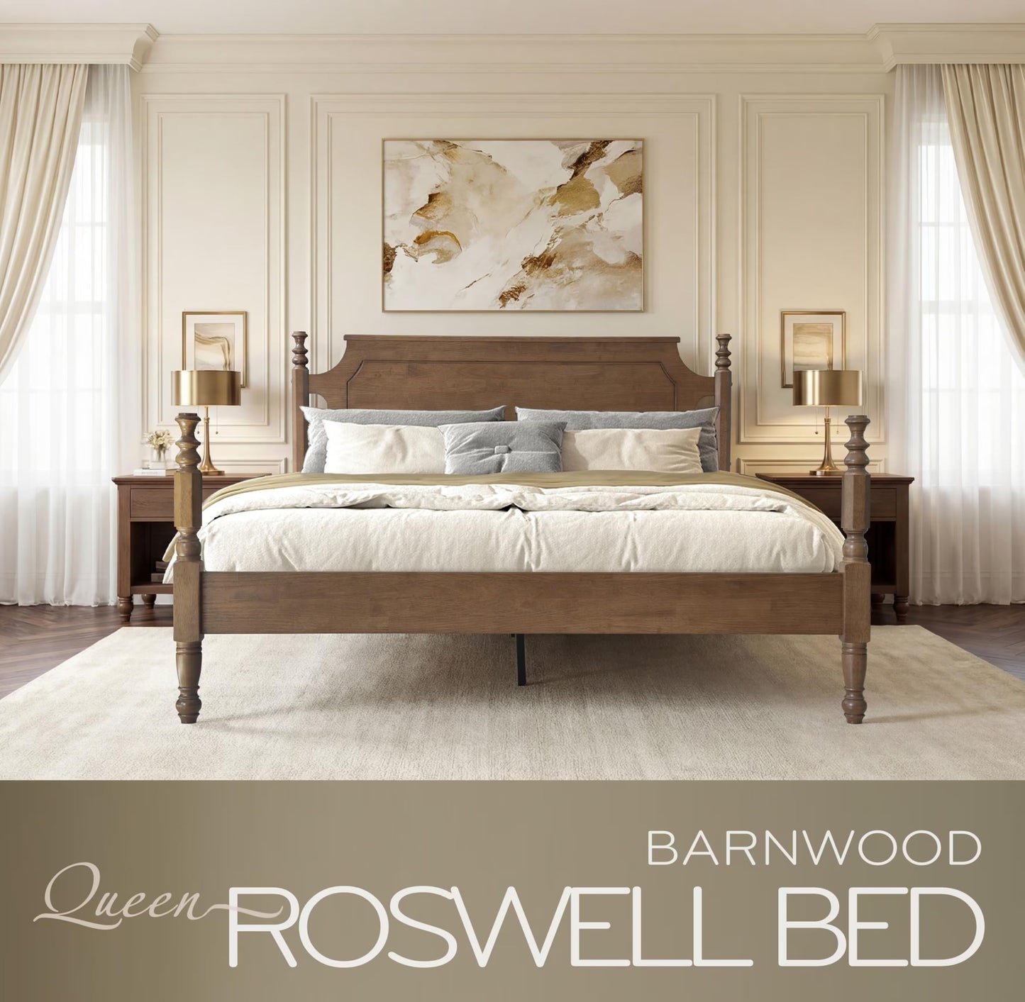 Solid Wood Queen Size Bed Frame with Headboard & Footboard, 12 Strong Slats, Center Metal Legs, Anti-Slip & Noise-Free Design, No Box Spring Needed, Quick Assemble, Barnwood Finish, ROQ-30