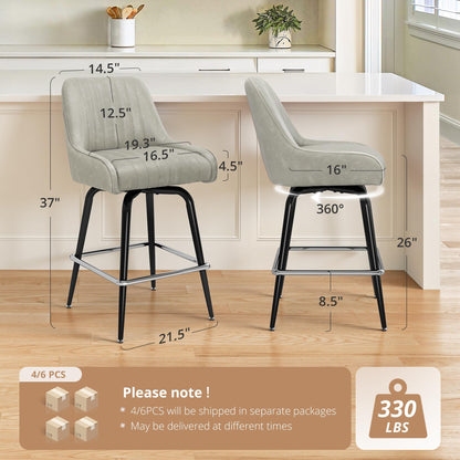 LUE BONA Counter Height Bar Stools Set of 3, 26" H Modern Barstools with Backs, Metal Frames and LightGrey Faux Leather Upholstered Accent Bar Stools for Kitchen Island