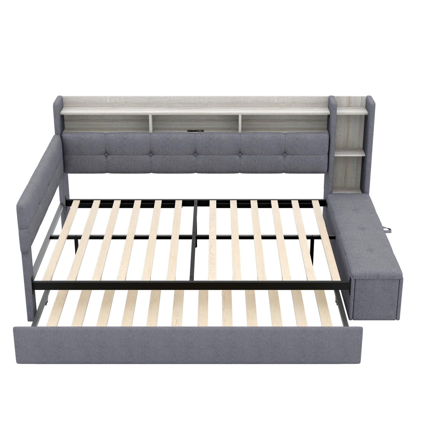Merax Full Size Upholstered Daybed with Trundle and Storage Drawer, Headboard with Light, Shelves, USB Charging Station, Multi-Functional Bed for Guest Room, Living Room, No Box Spring Needed, Gray
