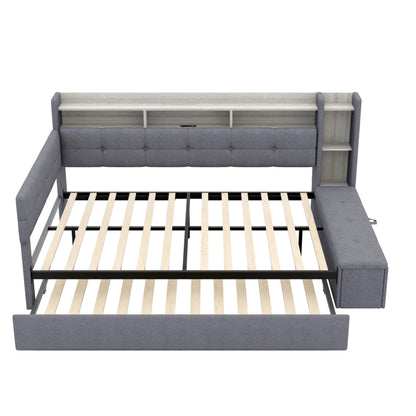 Merax Full Size Upholstered Daybed with Trundle and Storage Drawer, Headboard with Light, Shelves, USB Charging Station, Multi-Functional Bed for Guest Room, Living Room, No Box Spring Needed, Gray