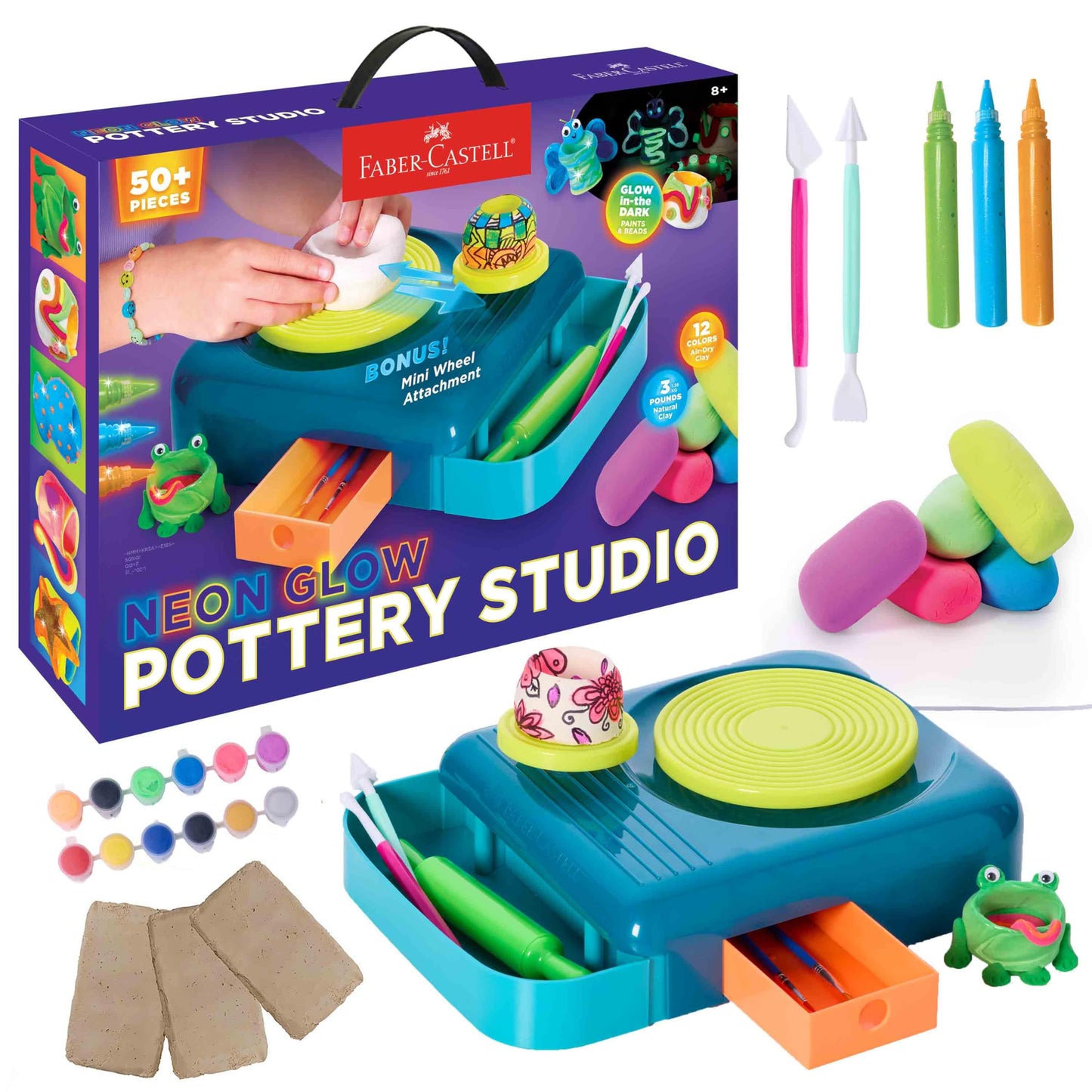 Faber-Castell Neon Glow Pottery Studio: Create Your Own Pottery Designs with USB-Powered Pottery Wheel, Air Dry Clay, Neon & Glow in The Dark Paints, Tools & 50+ Craft Supplies for Kids (Ages 8+)