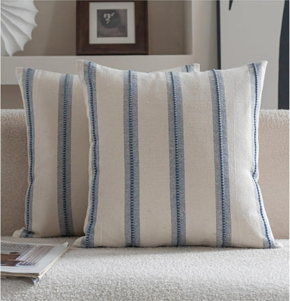 18x18 Set 2, Cethom Boho Throw Pillow Covers of Beige and Blue Striped Decorative Pillow Cases for Couch Chair Bed