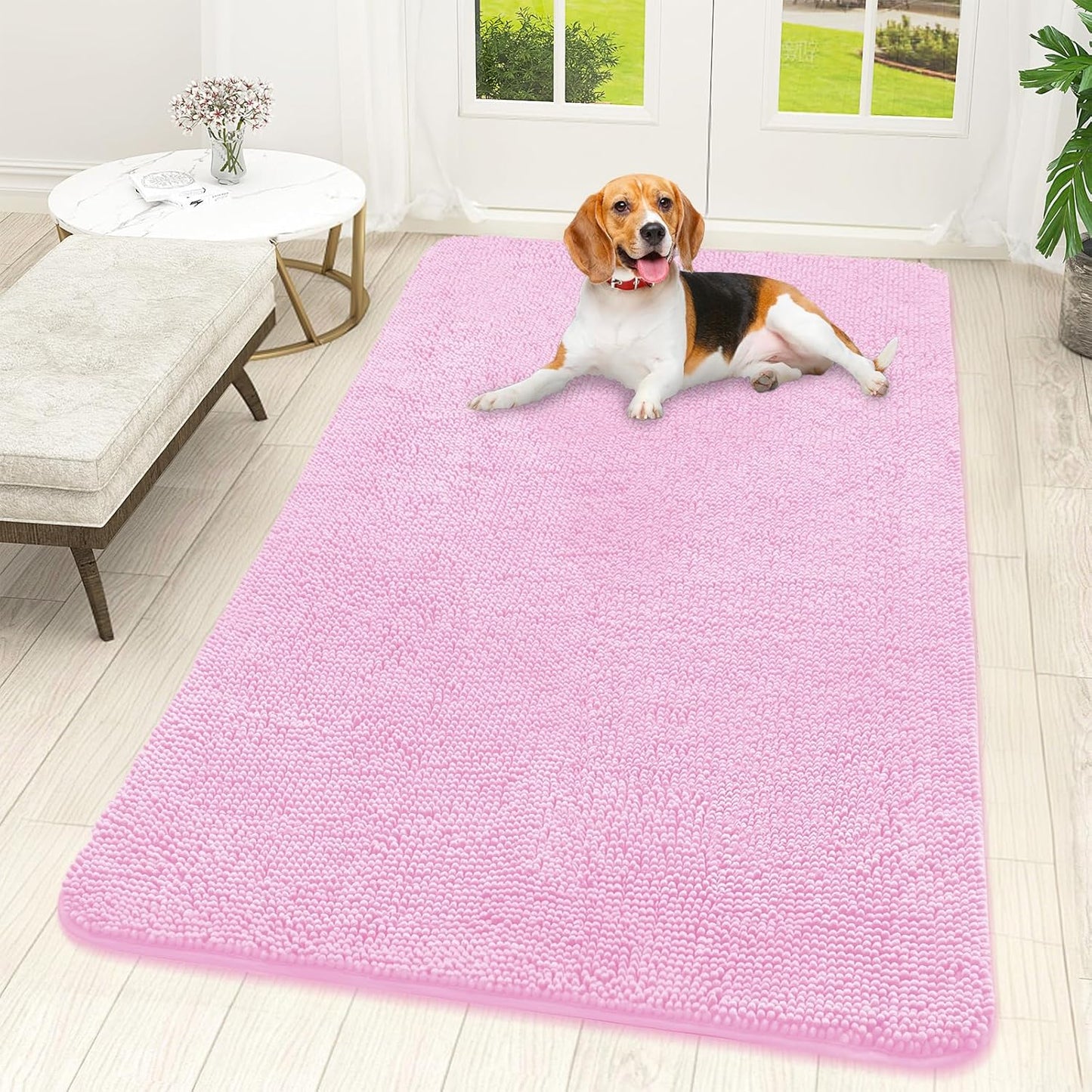 OLANLY Dog Door Mat - Absorbent Non-Slip Chenille Mat for Muddy Paws | Quick Dry 59x32, Pink
