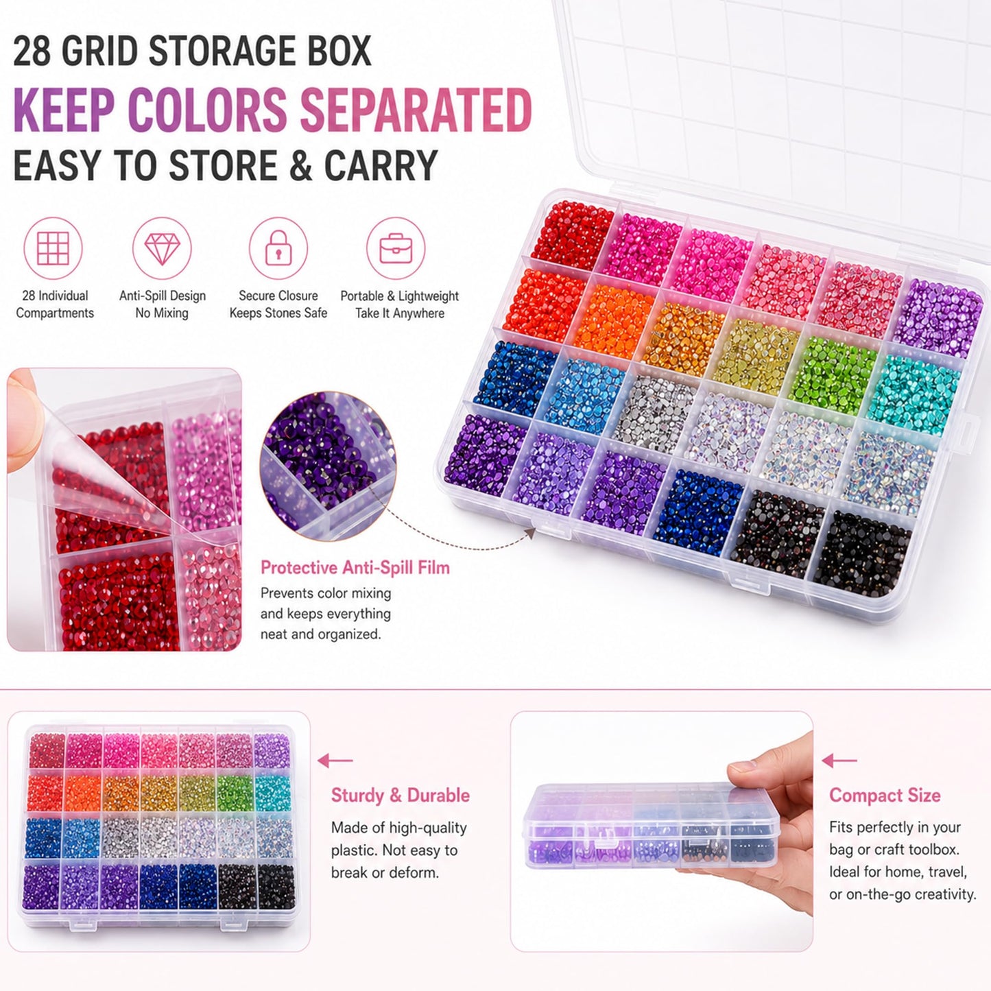 Vexorith Anti-Spill Rhinestone Bedazzling Kit, 35000pcs 28-Color High-Shine AB Coating Flatback Resin Rhinestones with B7000 Glue and Tools, Organizer Case for DIY Phone Cases, Clothes, Sneakers