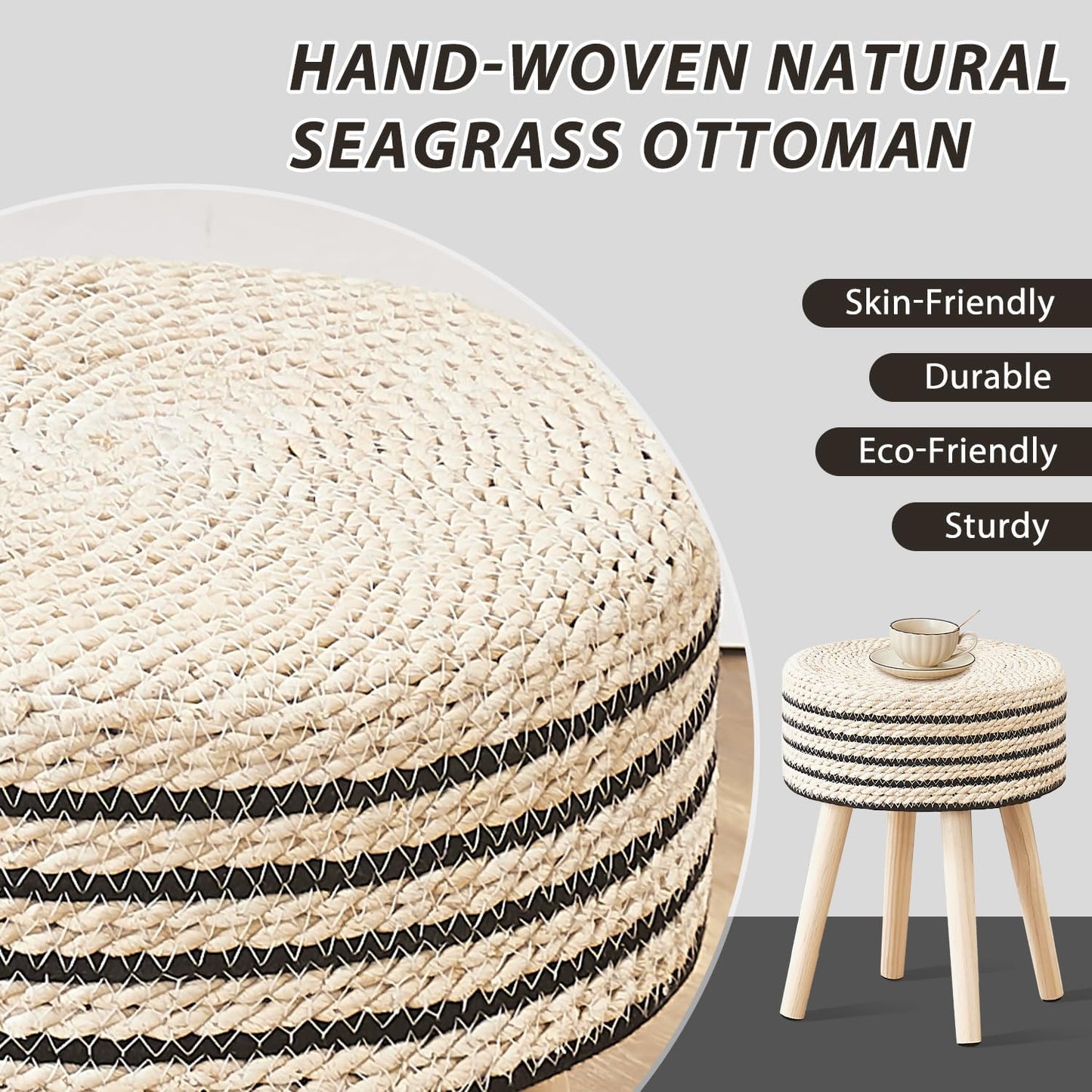 Cpintltr Round Ottoman Footstool Natural Seagrass Foot Stool Pouf Ottomans with Solid Wood Legs Hand Weave Hyacinth