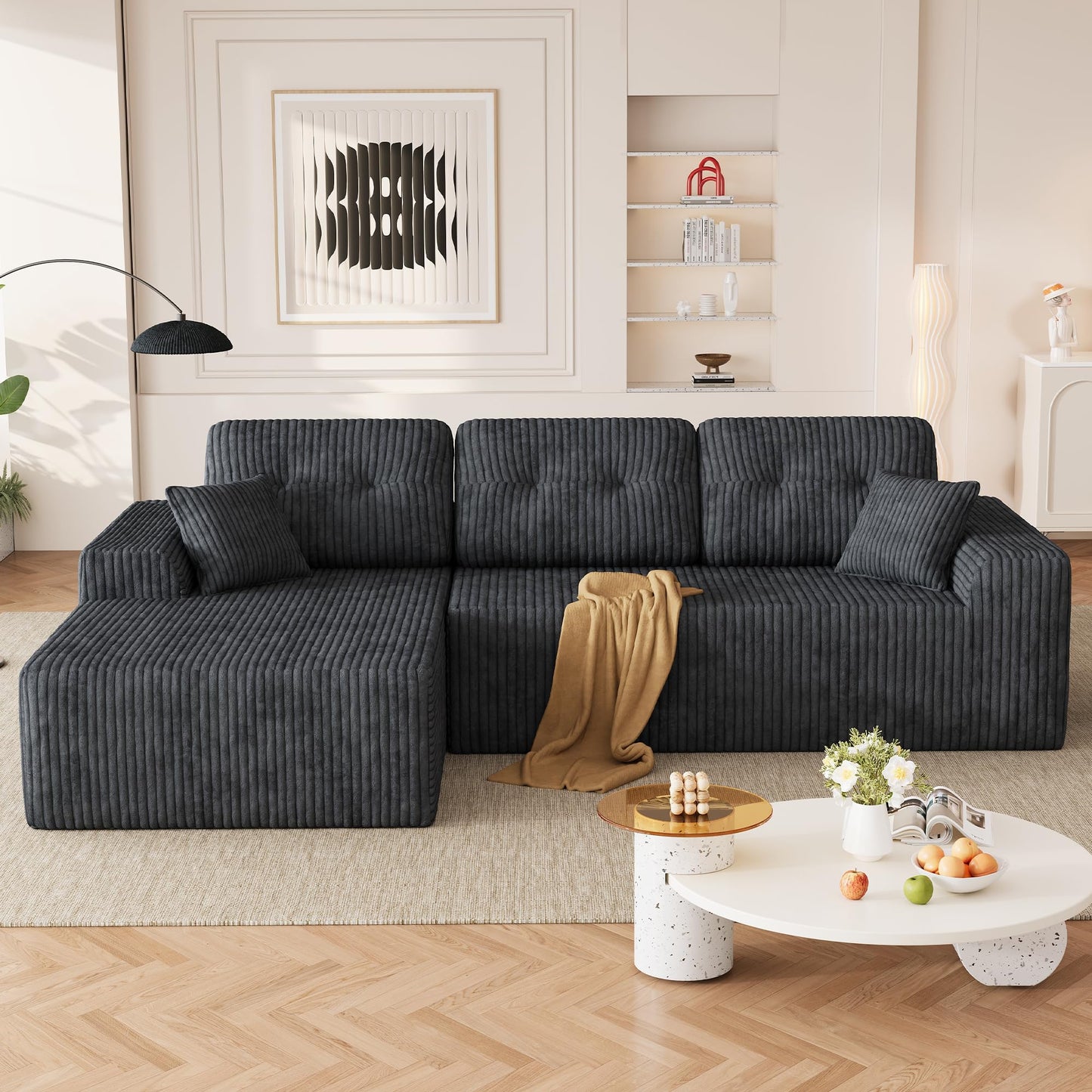 Ball & Cast 106" Boneless Sectional Sofa, Corduroy Modular L Shaped Couch with Deep Seat Chaise, Cloud Style Oversized Sofa for Living Room, No Assembly, Left Facing, Grey