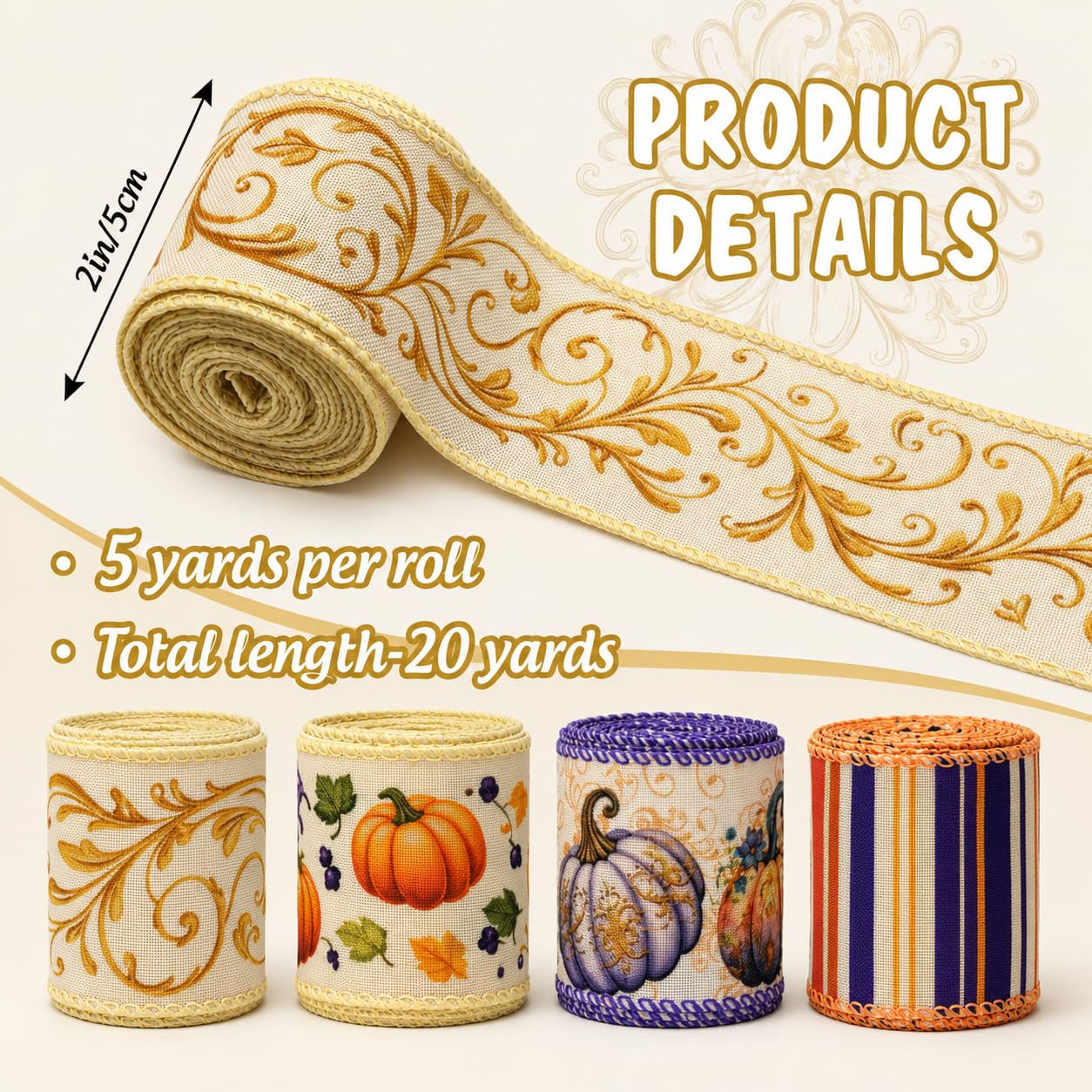 2 Inch Halloween Wired Edge Ribbon, 4 Rolls 20 Yards Fall Pumpkin Spider Web Stripe Craft Ribbon for Wreaths Bows Gift Wrapping, Halloween Party Home Decor