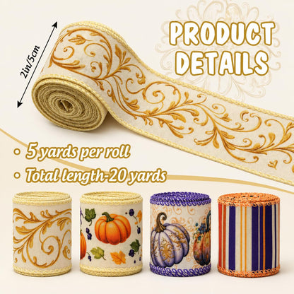 2 Inch Halloween Wired Edge Ribbon, 4 Rolls 20 Yards Fall Pumpkin Spider Web Stripe Craft Ribbon for Wreaths Bows Gift Wrapping, Halloween Party Home Decor