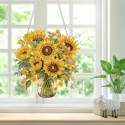 Bowetile Spring Diamond Art Hanging Kits for Adults, Diamond Art Suncatchers Sunflowers, 5D Special Shape Diamond Painting Pendant Window Ornament Gifts for Home Wall Garden Door Decor