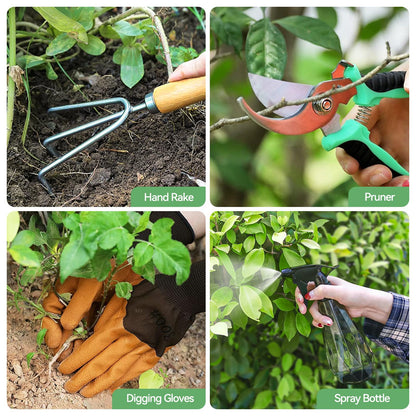 Grenebo Gardening Tools 9-Piece Heavy Duty Garden Hand Tools with Fashion and Durable Garden Tools Organizer Handbag, Rust-Proof Garden Tool Set, Ideal Gardening Gifts for Women