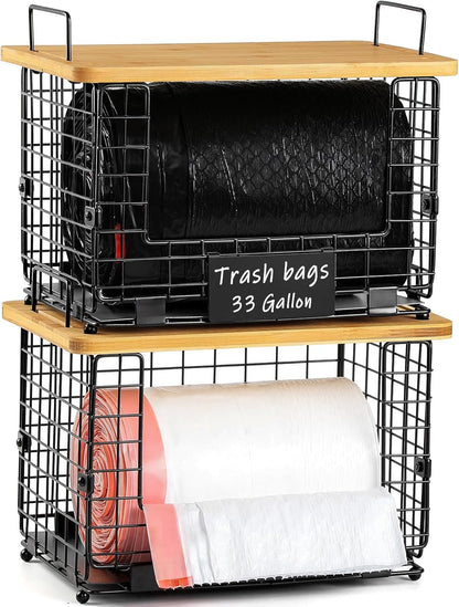 13/30/33+ 1 SET Upgrade Larger, Fit Gallon Trashbag Perfectly - Stackable Trash Bag Holder with Tags & Bamboo Top