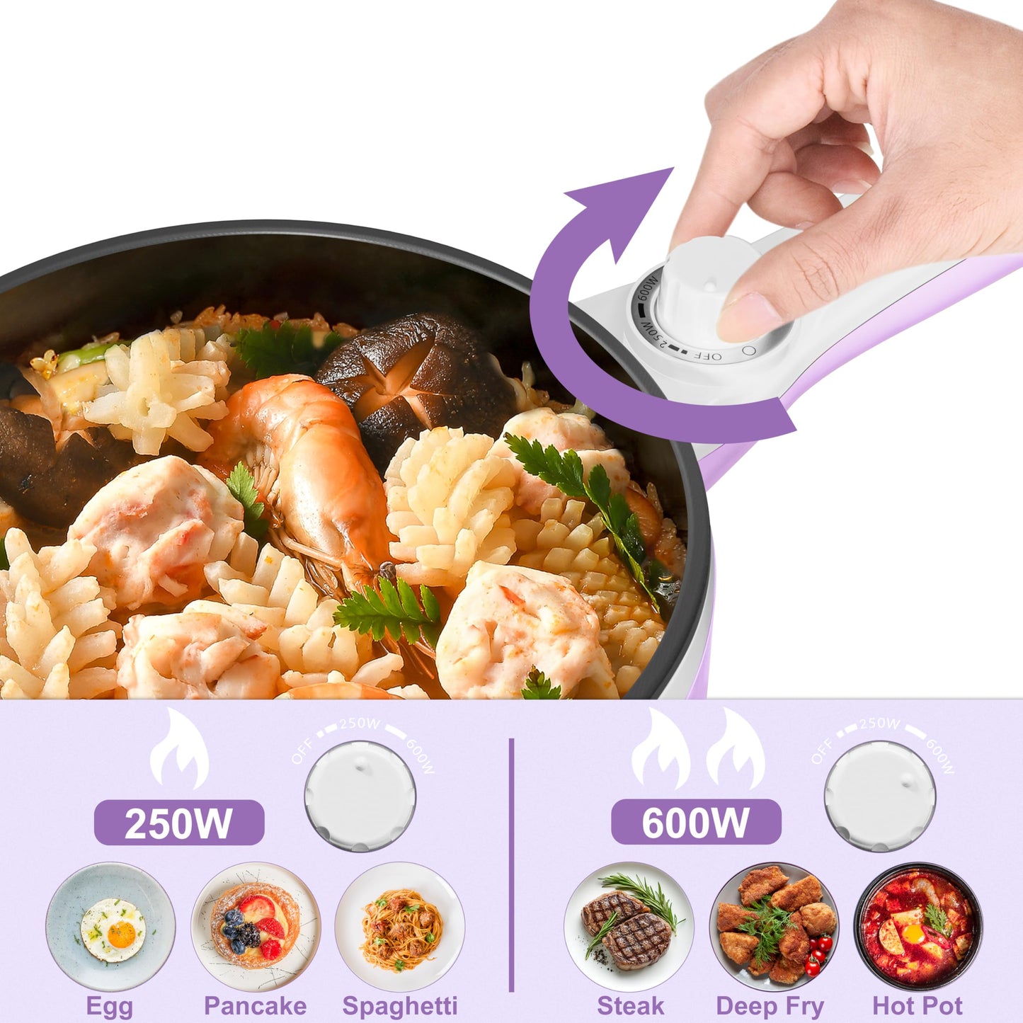Dezin Hot Pot Electric with Steamer Upgraded, Non-Stick Sauté Pan, Rapid Noodles Electric Pot, 1.5L Mini Pot for Steak, Egg, Fried Rice, Ramen, Oatmeal, Soup with Power Adjustment