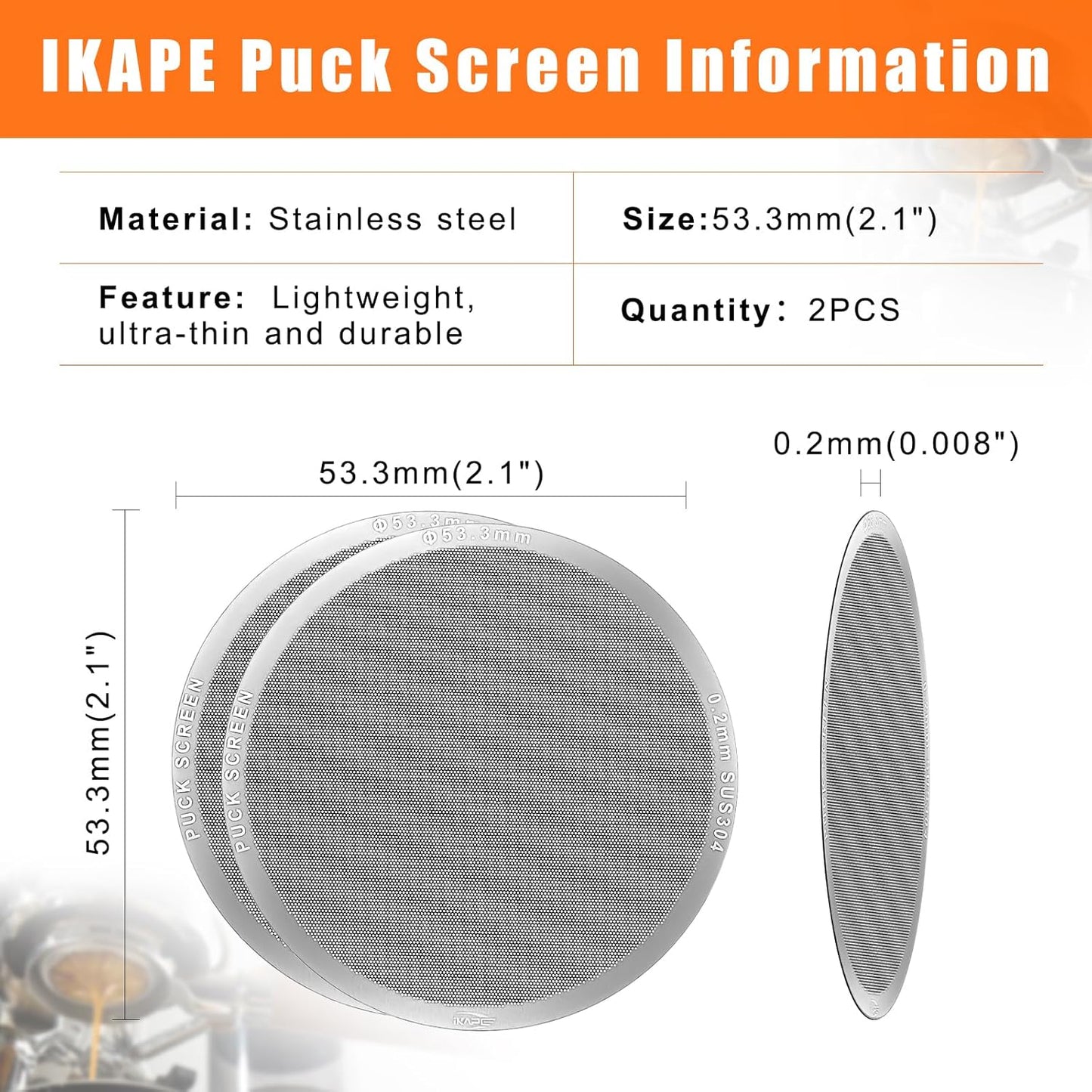IKAPE 53.3mm 2pc Espresso Puck Screen, 0.2mm Thickness, Reusable Metal Coffee Filters, Food-grade Stainless Steel