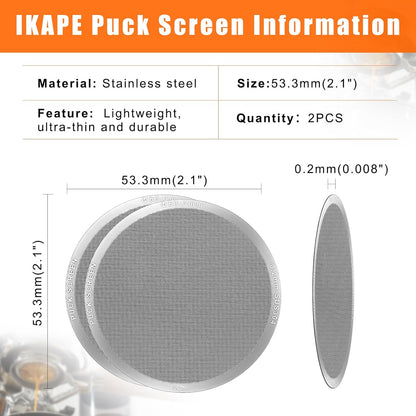 IKAPE 53.3mm 2pc Espresso Puck Screen, 0.2mm Thickness, Reusable Metal Coffee Filters, Food-grade Stainless Steel