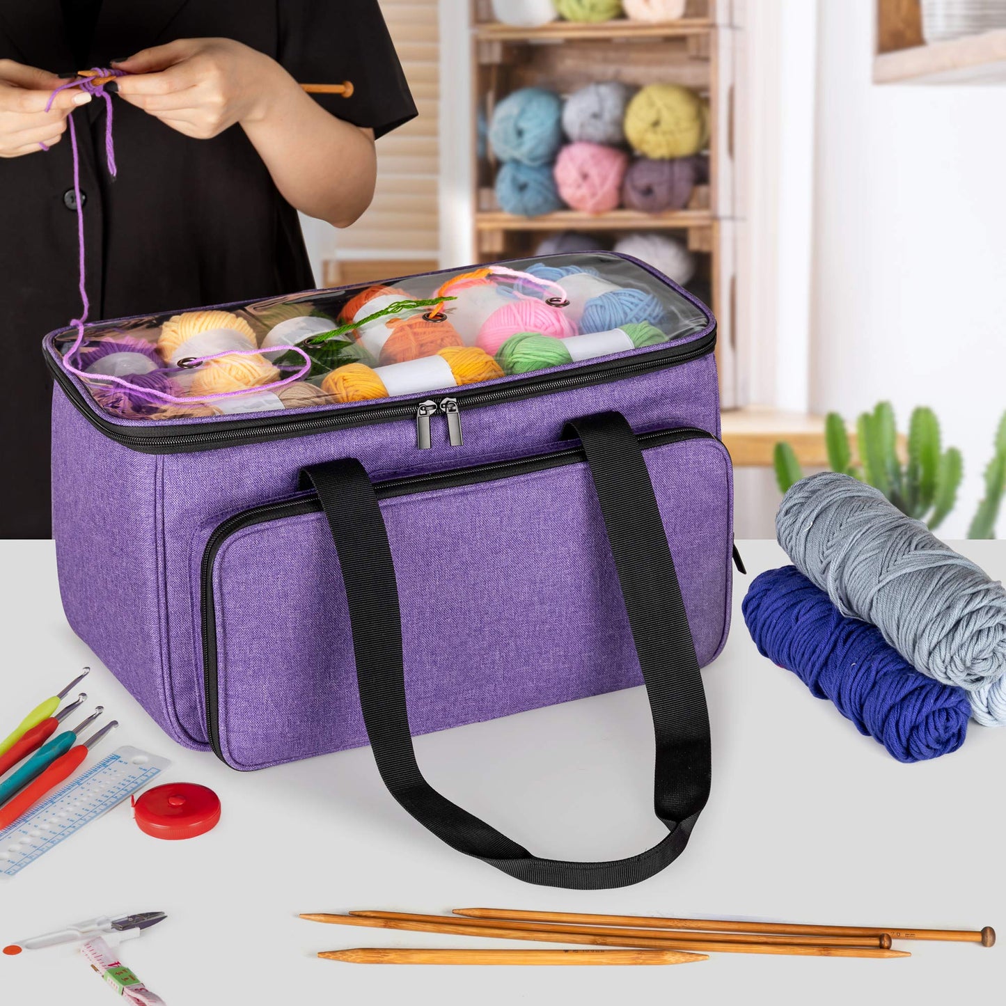 Yarwo Knitting Yarn Bag, Crochet Tote with Pocket for WIP projects, Knitting Needles(Up to 14”) and Skeins of Yarn, Christmas & New Beginnings Gifts for Women, Purple (Bag Only)