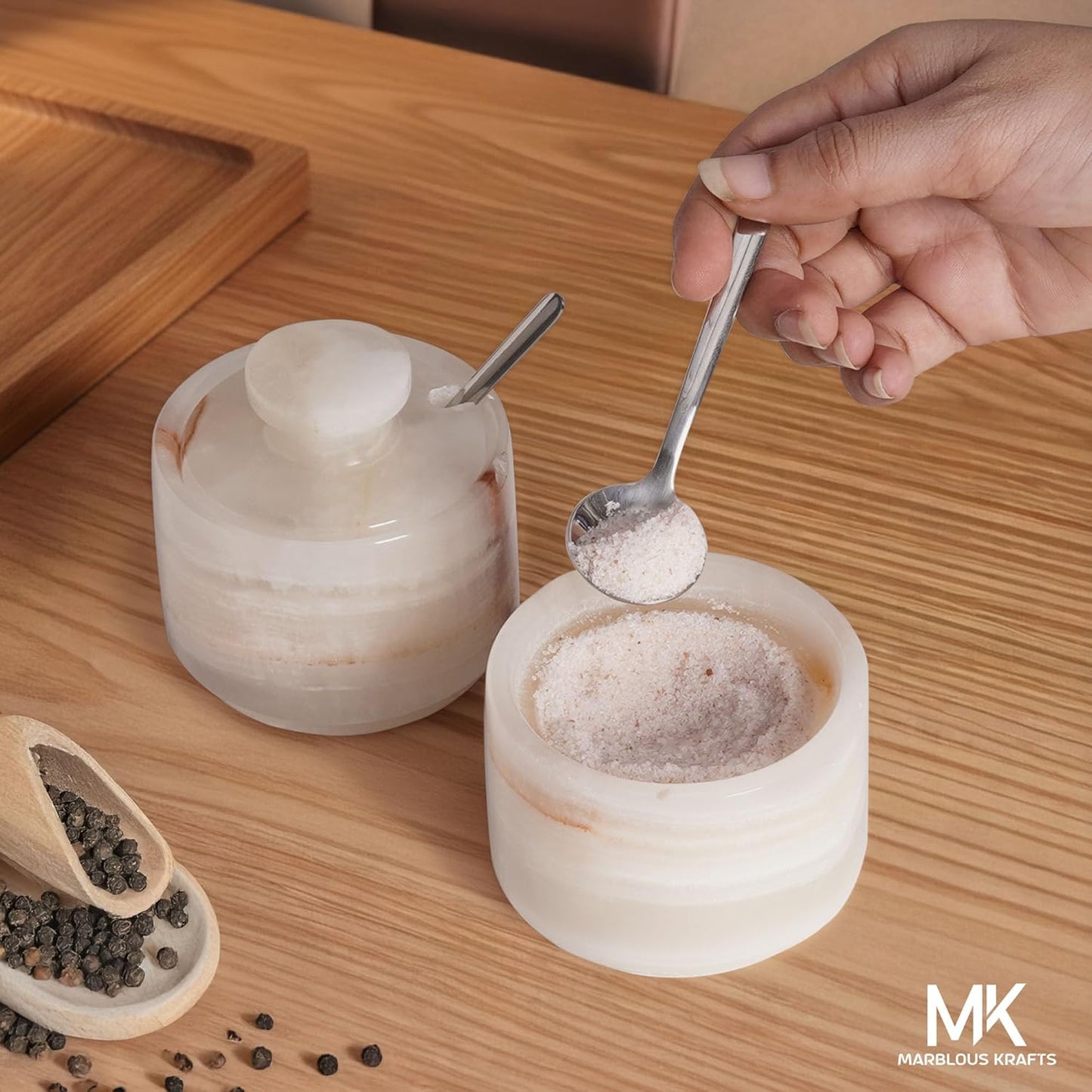 Spoon3 Inch Countertop Salt Cellar with Lid and White Onyx Salt and Pepper Dish, Marble Sugar and Salt Bowls, Ideal