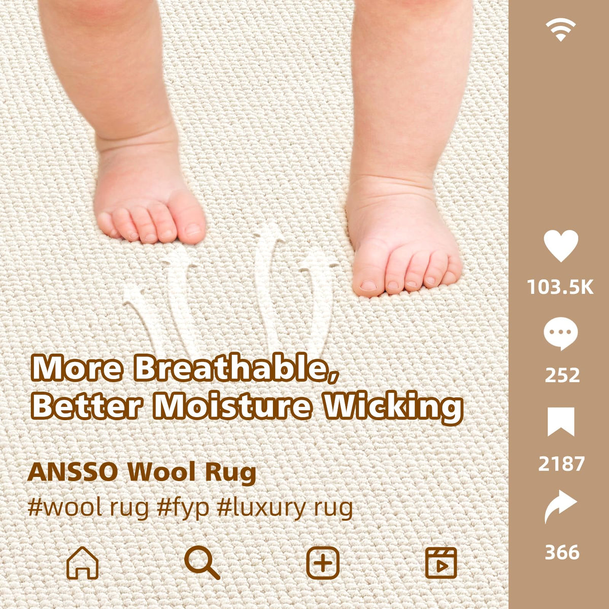 ANSSO Wool Rugs 8x10 for Living Room,80% Merino Wool and 20% Cotton Soft Tufted Area Rug with Cotton Non-Slip Backing,Large Area Rug for Bedroom Bedroom, Dining and Home Office (Cream White)