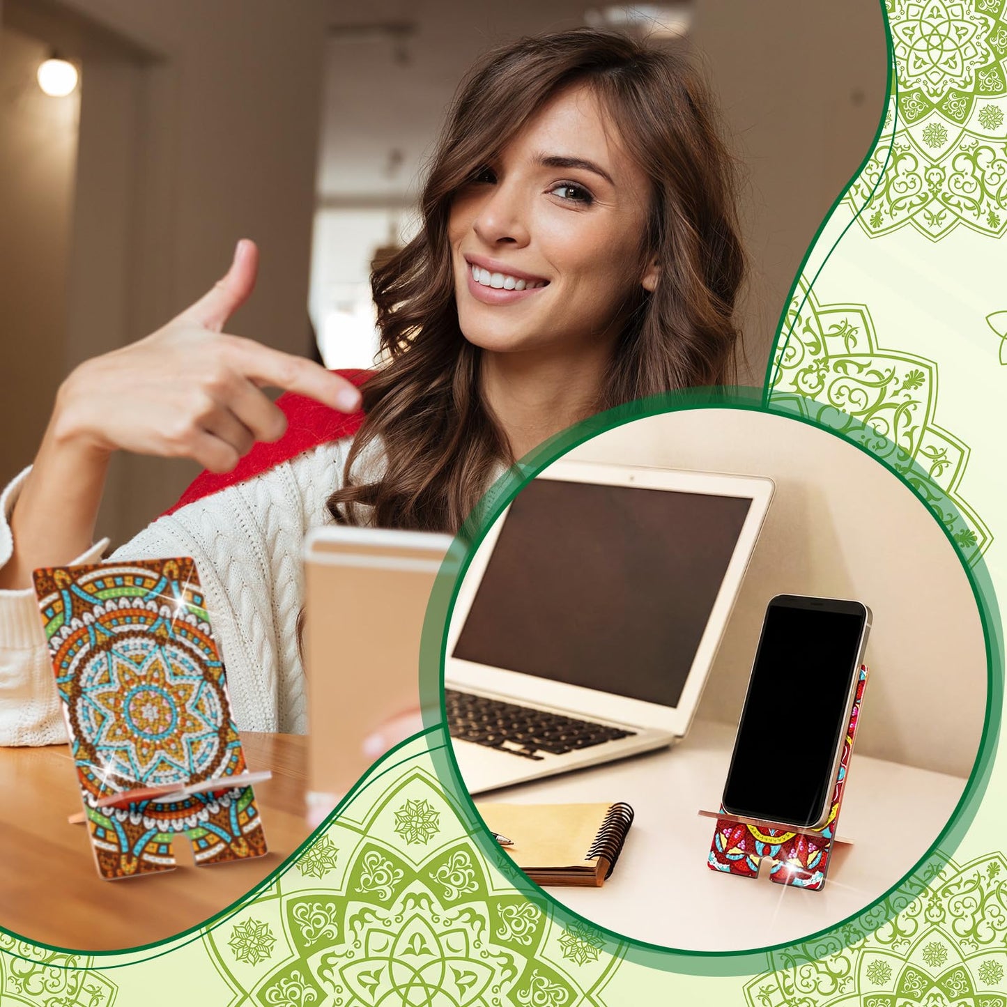 Saillong 6 Pcs Sage Green Mandala Diamond Painting Cell Phone Stand DIY Full Drill Crystal Diamond Art Phone Holder Bling Painting Art Craft Kits for Beginner Adult