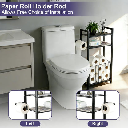 Free Standing Toilet Paper Holder with Shelf, Adjustable Feet Bathroom Toilet Paper Holder Stand for Narrow Space, Roll Dispenser Tissue Holder, Holds Multiple Rolls and Keeps Paper Dry and Clean