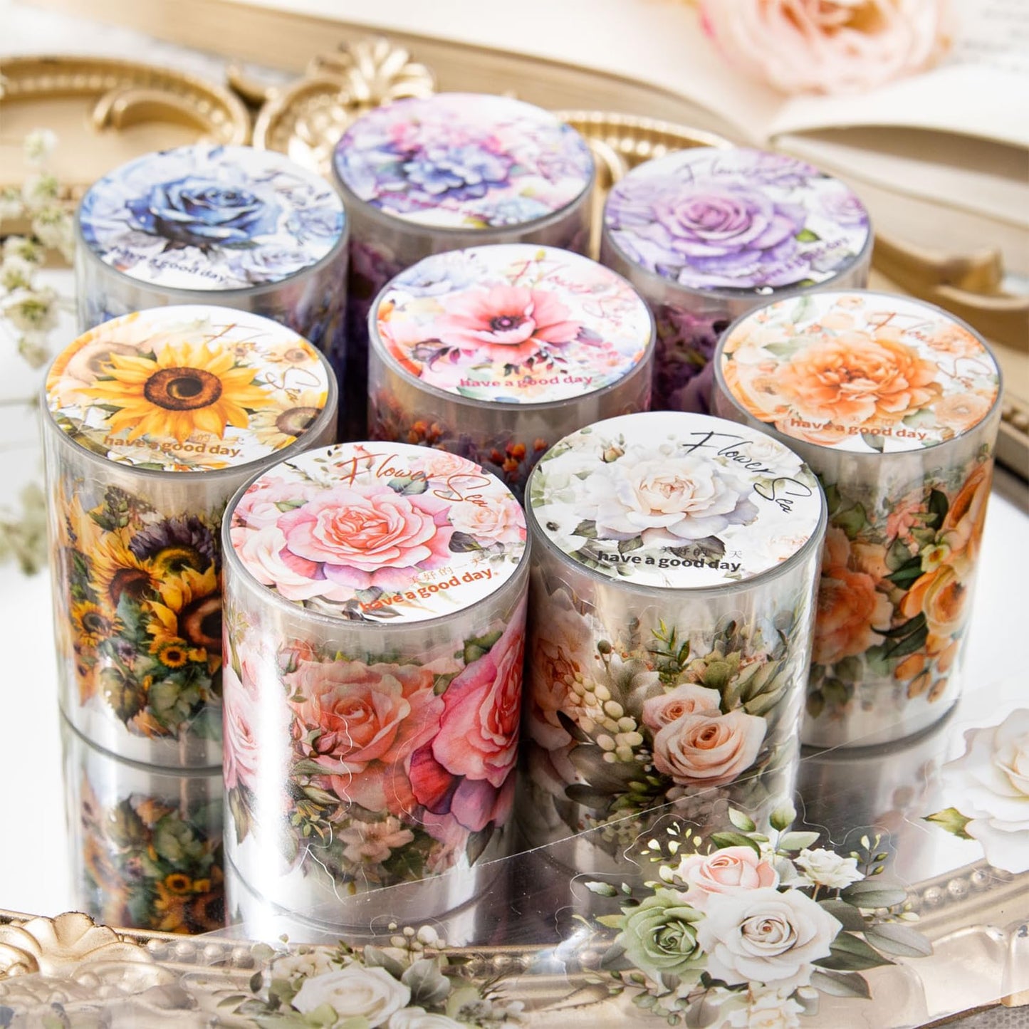 8Rolls Floral Washi Tape Set Flower PET Tapes Stickers for Crafts Journaling,Scrapbooking Supplies, Planner, Bullet Journals,Gift Wraping,Sunflower Rose Hydrangea Butterfly Decorative Masking Tape