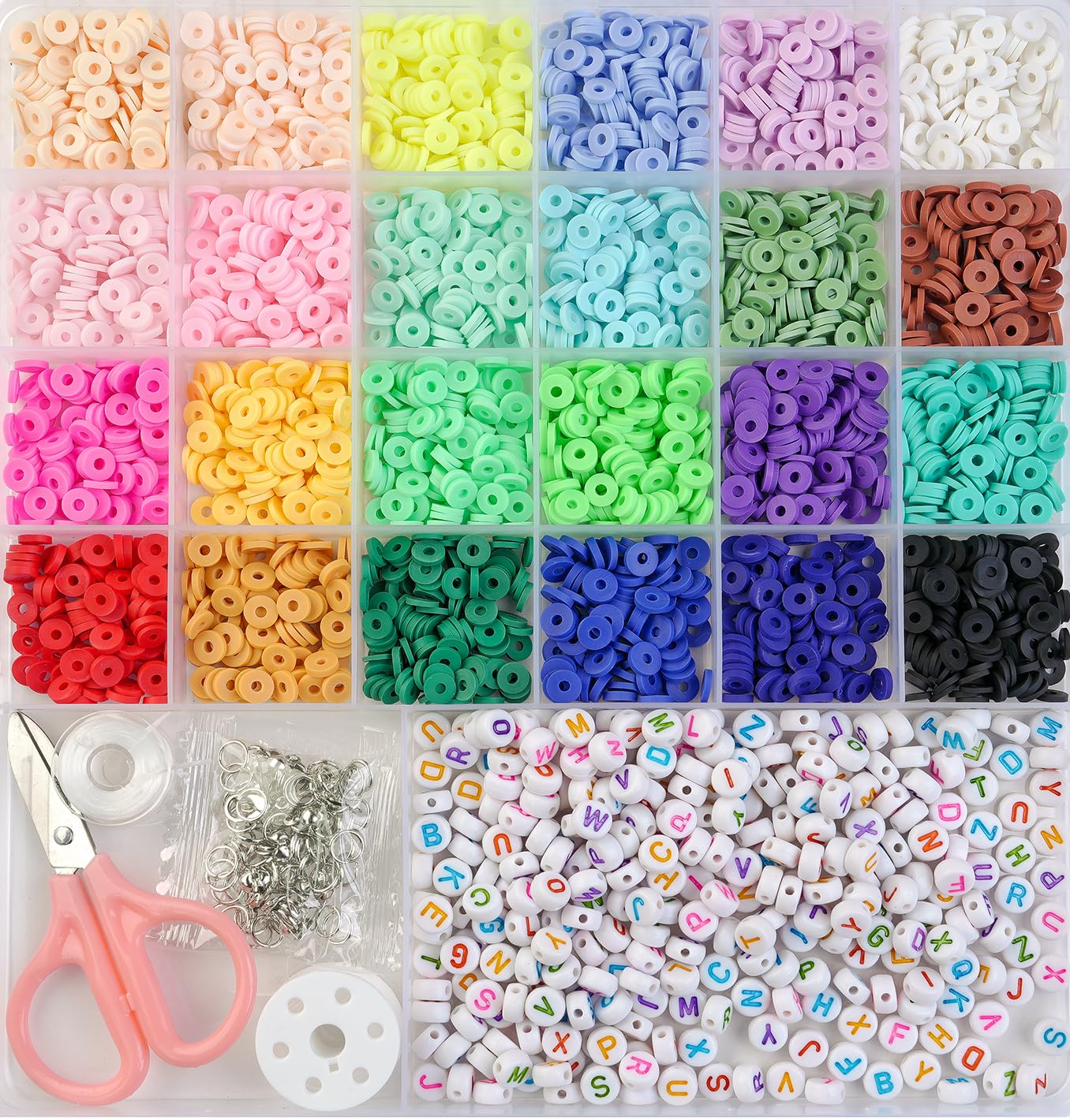 nikkiGuo 6380 PCS Jewelry Making Kit – 24 Colors Seed Beads, 24 Colors Clay, UV Color Changing & Glow Pony, Letter, Mixed Charms, Tools,Gift Box for DIY Bracelets