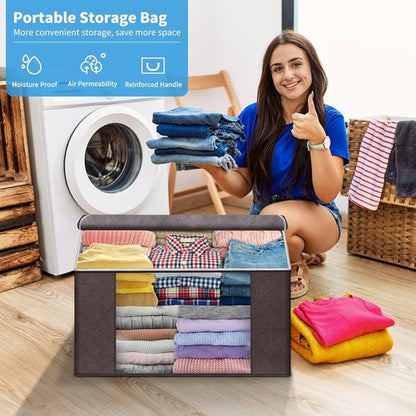 Budding Joy Foldable Large Blanket Storage Bags - 60L Capacity, Enhanced Handles, 6-Pack | Brown