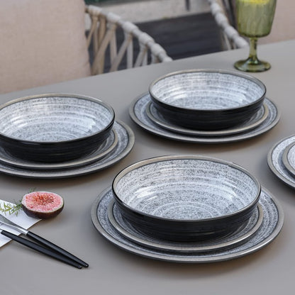 Melamine Dinnerware Sets 12 PCS - Service for 4 Plates & Bowls Sets Dishwasher Top-Shelf Safe, BPA Free Dinner Dishes Set for Everyday Use-Granite Pattern Black Back