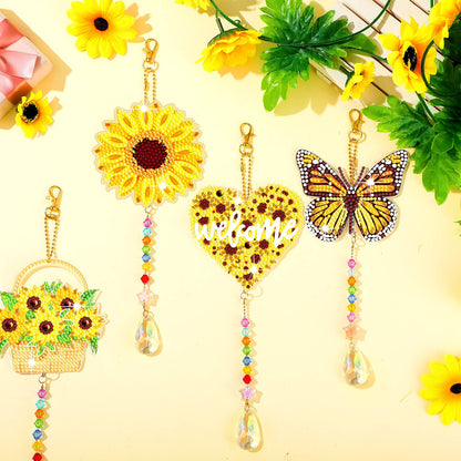 Tradder 6 Pcs Sunflower Diamond Art Kits Suncatchers for Adults Sunflower Wind Chimes Double Sided Butterfly Ornaments with Crystal Pendant for Adults DIY Summer Home Garden Hanging Ornament
