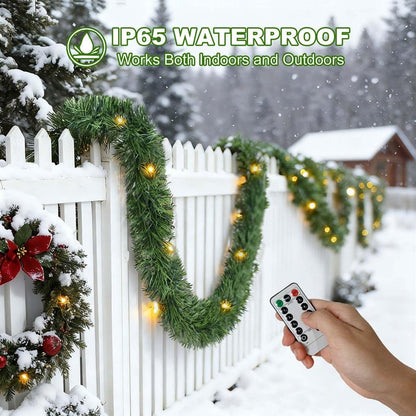 Christmas Garland with Lights, 30 Feet 50 Led Battery Operated Pre-Lit Long Garland Remote Timer for Stairs Railing Fireplace Mantle Office Door Frame Decor Green Greenery Indoor Outdoor Decorations