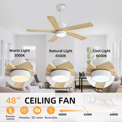 WINGBO 48 Inch DC Ceiling Fan with Lights and Remote Control, 5 Carved Solid Wood Blades, 6-Speed Noiseless Reversible DC Motor, Indoor Ceiling Fan in Gloss White Finish with Oak Blades