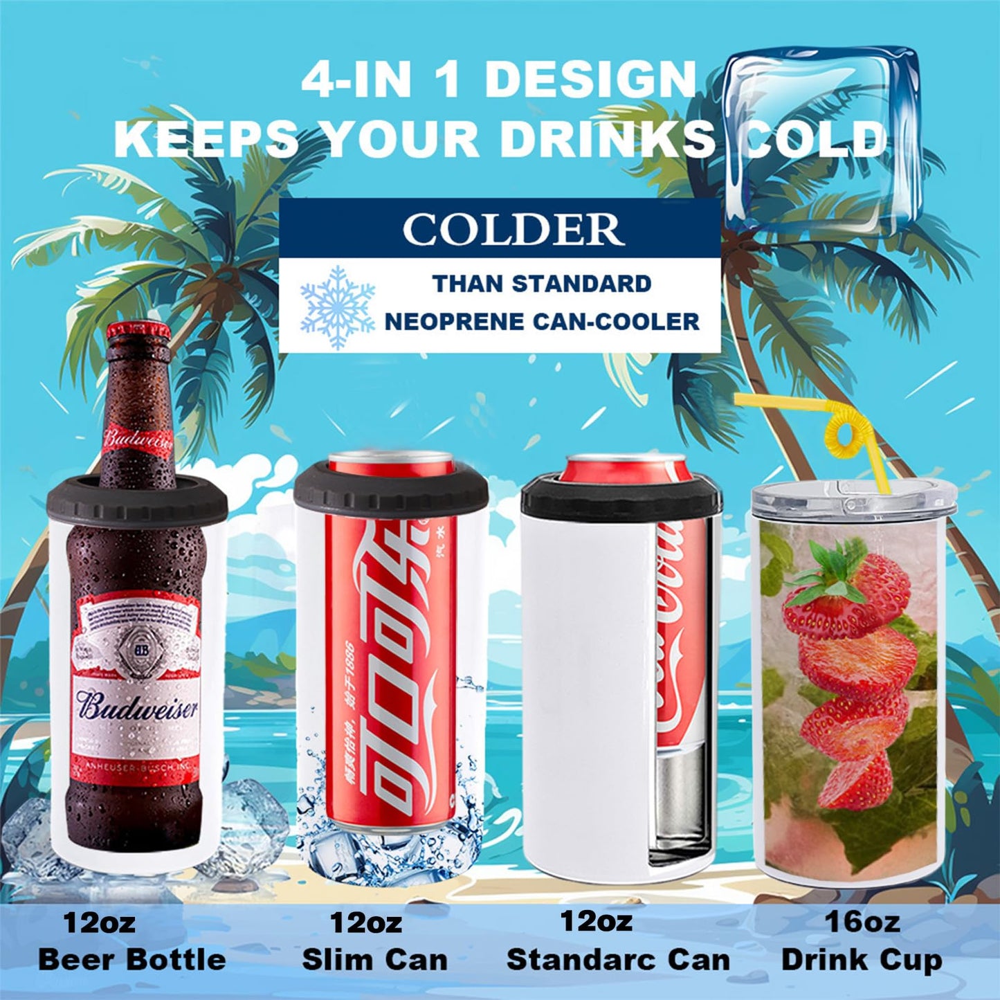 ZREGGUR 4 Pack 4 in 1 Can Cooler 16 oz Sublimation Blank Tumbler with Metal Straw,Straw Brush,Shrink Wrap, Non-Slip Coaster, Lid, Individually Boxed Standard Beer Cans,Canning Cans