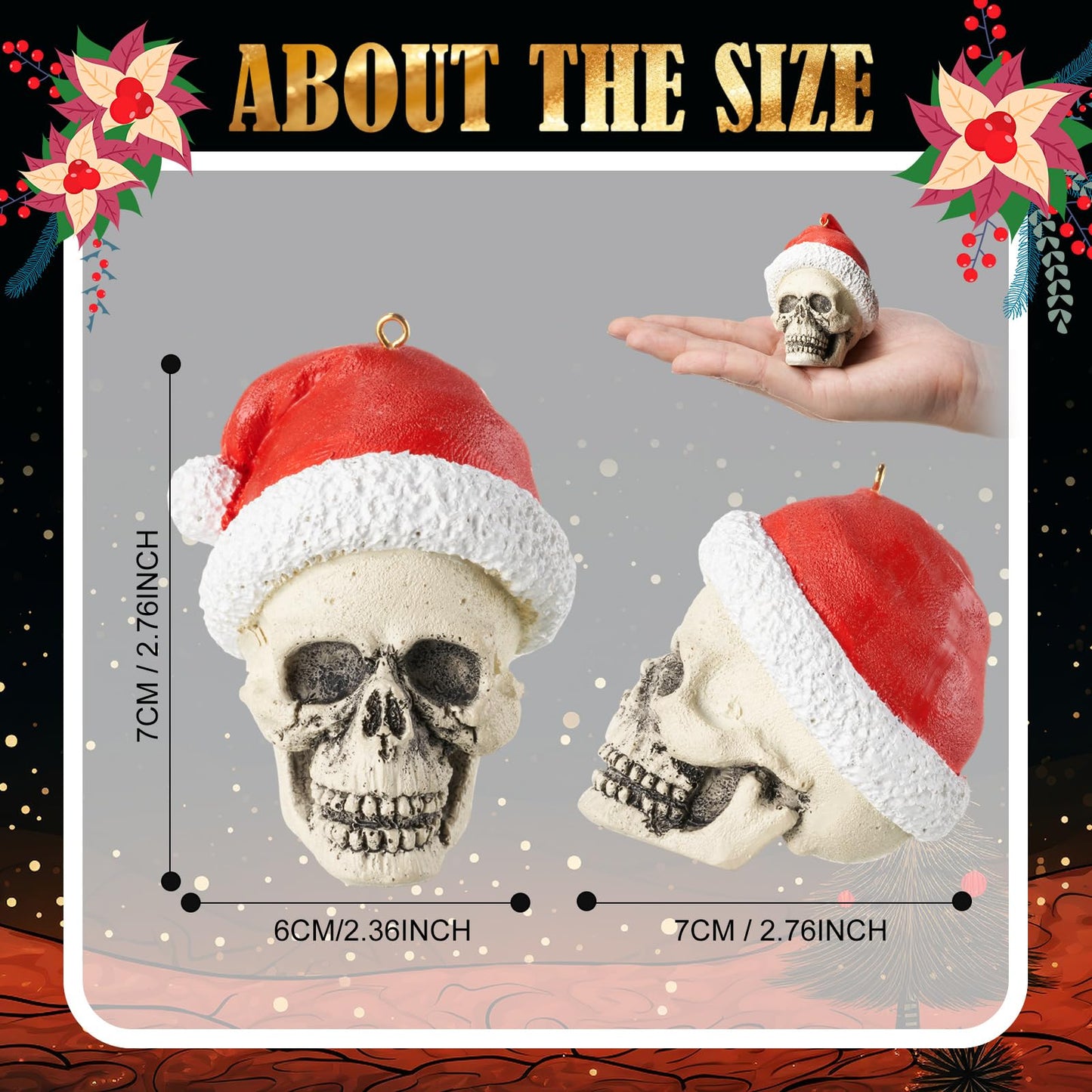 4 Pcs Skull Christmas Tree Ornament 2.6'' Christmas Gothic Decorations Resin Santa Ornament Xmas Mini Skeleton Head Decor Gift for Xmas Tree Holiday Party Supplies